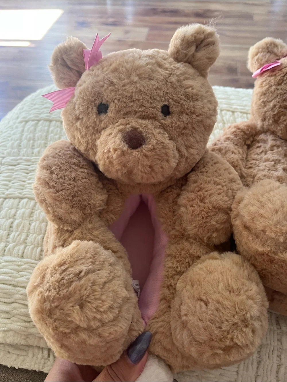 Brown Teddy Bear Plush Kids Slippers with Pink Bow - Soft Indoor Toy Shoes